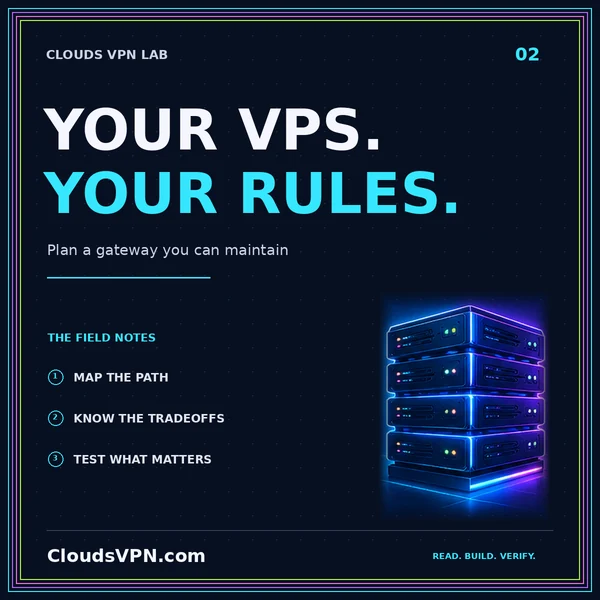 YOUR VPS. YOUR RULES. — Plan a gateway you can maintain; CloudsVPN.com featured artwork.